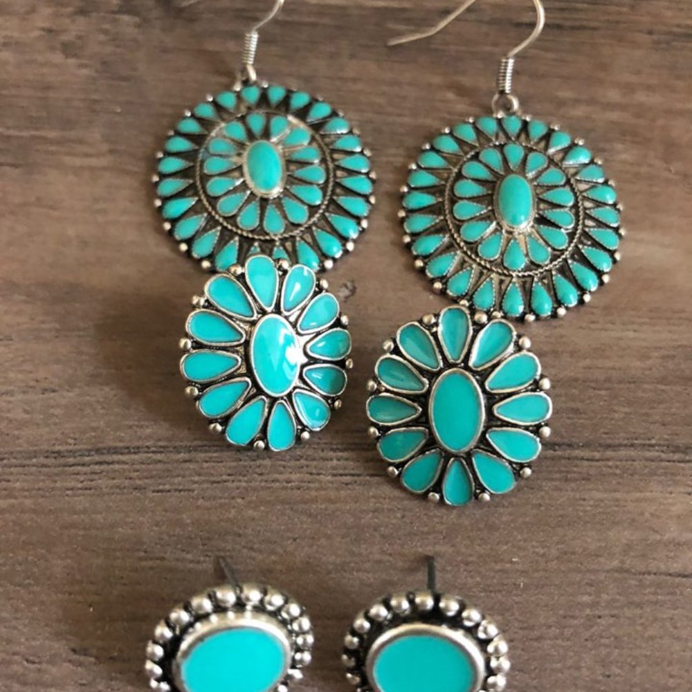 Faux Turquoise Earring Set 3 Pairs Squash Blossom - Picture 7 of 8